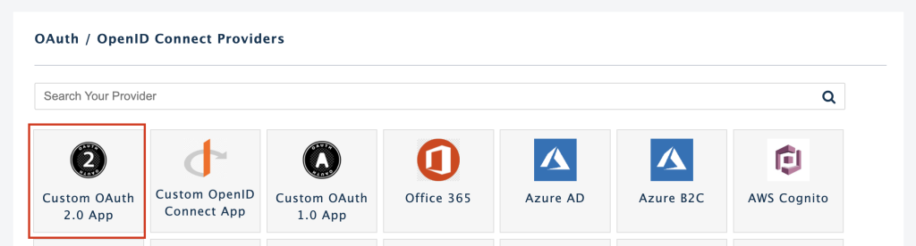 OAuth and OpenID Connect provider selection with Custom OAuth 2.0 App highlighted.
