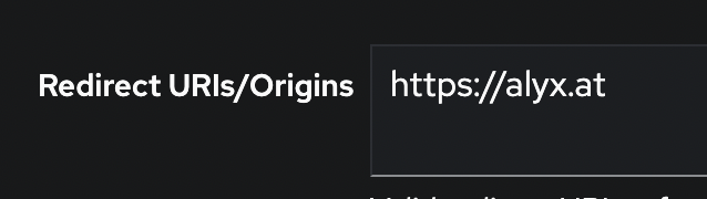 Authentik Redirect URIs and Origins field set to https://alyx.at.
