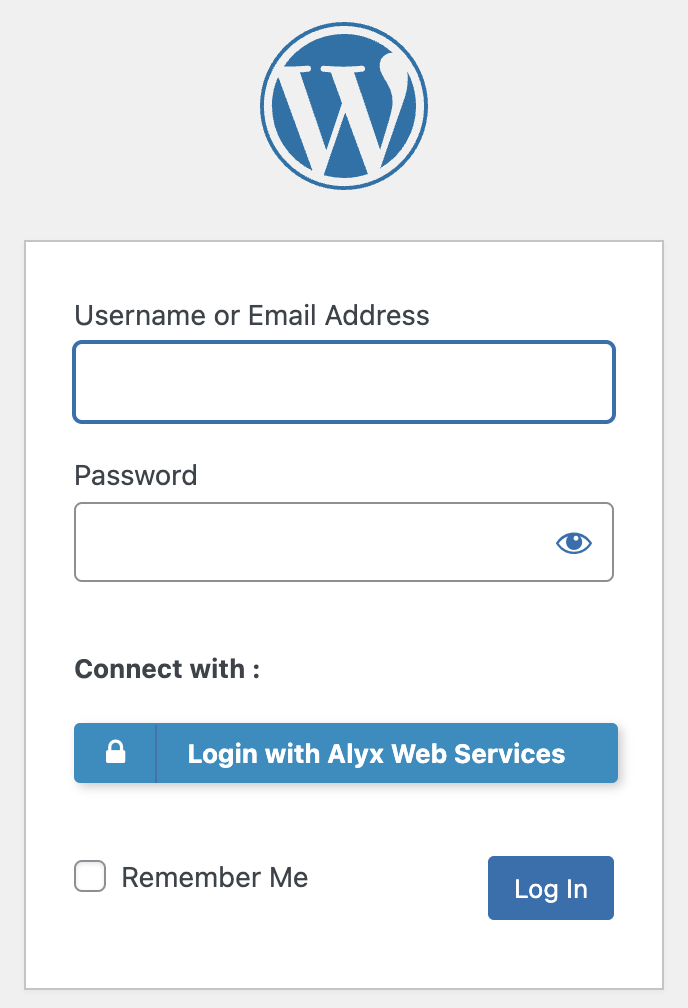 WordPress login screen with a Login with Alyx Web Services single sign-on button.