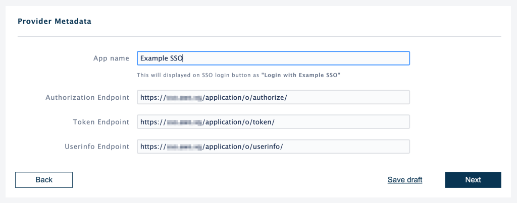 OAuth provider metadata form showing app name and authorization, token, and userinfo endpoint fields.