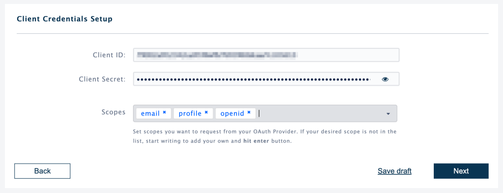 OAuth client credentials form showing a client ID, masked client secret, and email, profile, and openid scopes.