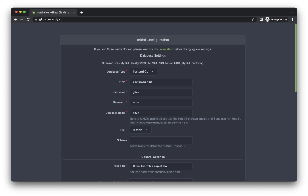 Gitea web setup screen.