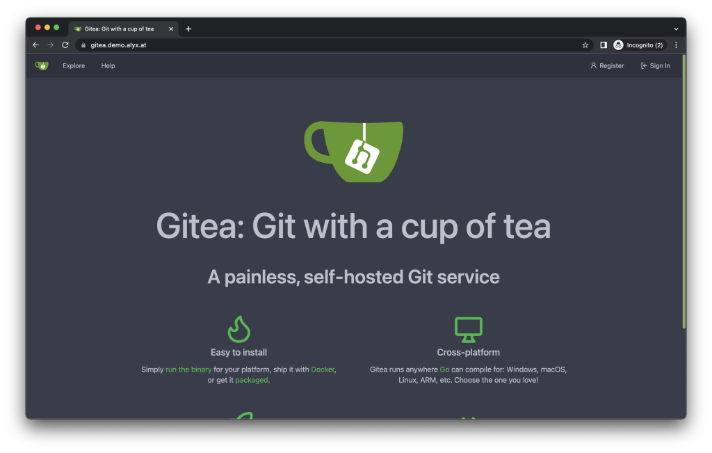 Gitea landing page describing a painless, self-hosted Git service.