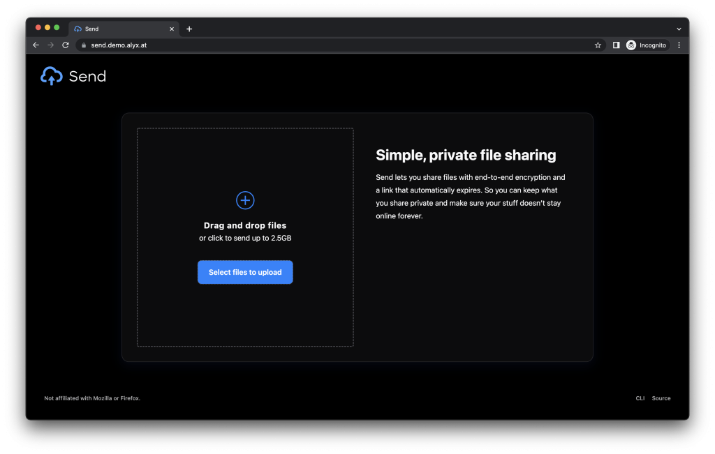 Upload page for a fresh Send installation.