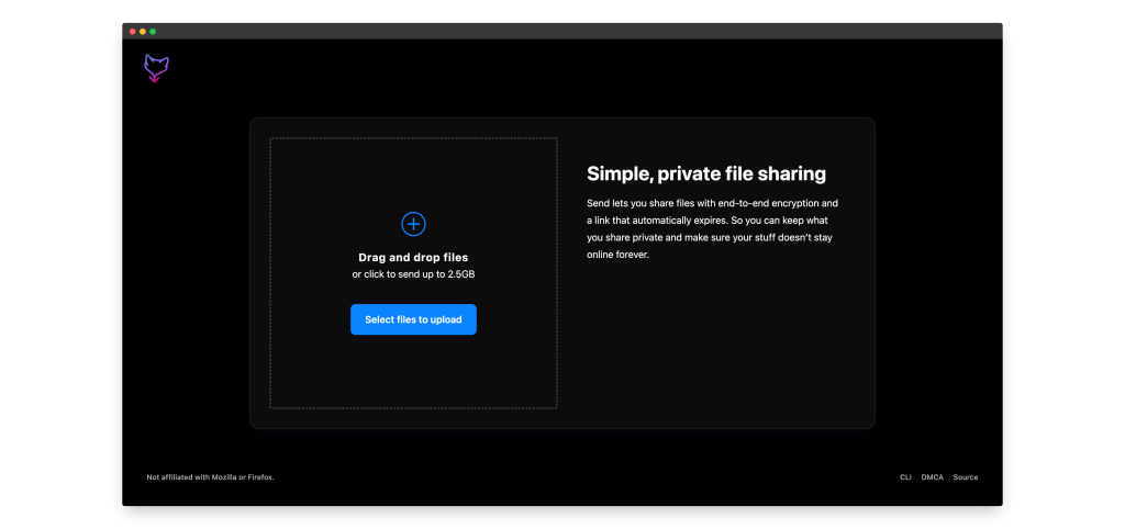Dark Send file-sharing page with an upload panel and text describing private, expiring links.