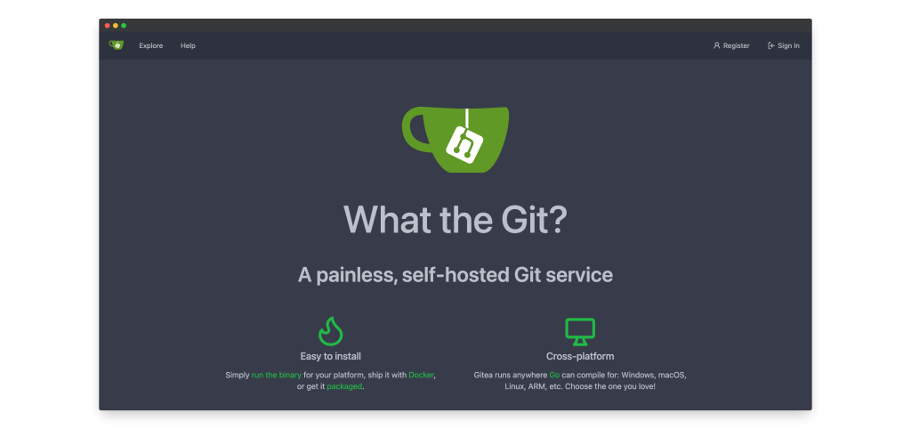Gitea landing page headed What the Git, with self-hosted Git service features.